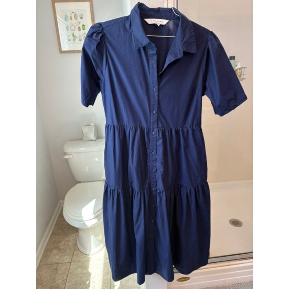 41 Hawthorn Women's L Navy Blue Tiered Midi Shirt Dress Button Front Cotton